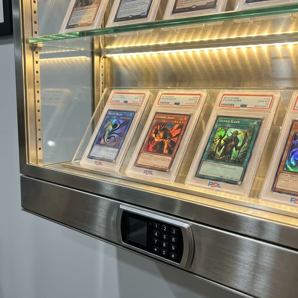 Premium glass display case with LED lighting for high-value trading cards