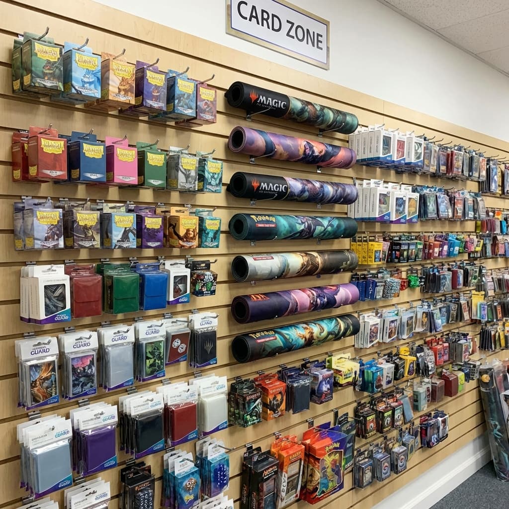 Slatwall display with trading card accessories and playmats