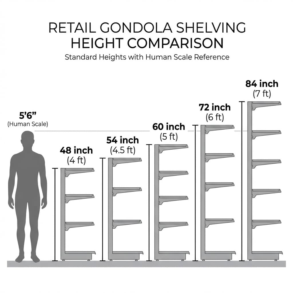 Gondola Shelving Height Comparison - Standard heights from 48 inch to 84 inch