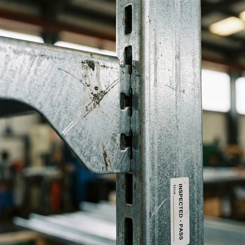 Close up inspection of gondola shelving bracket and upright slots